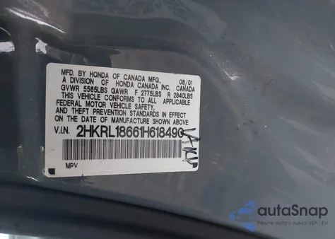 2001 Honda Odyssey Ex from USA, damaged, VIN 2HKRL18661H618490